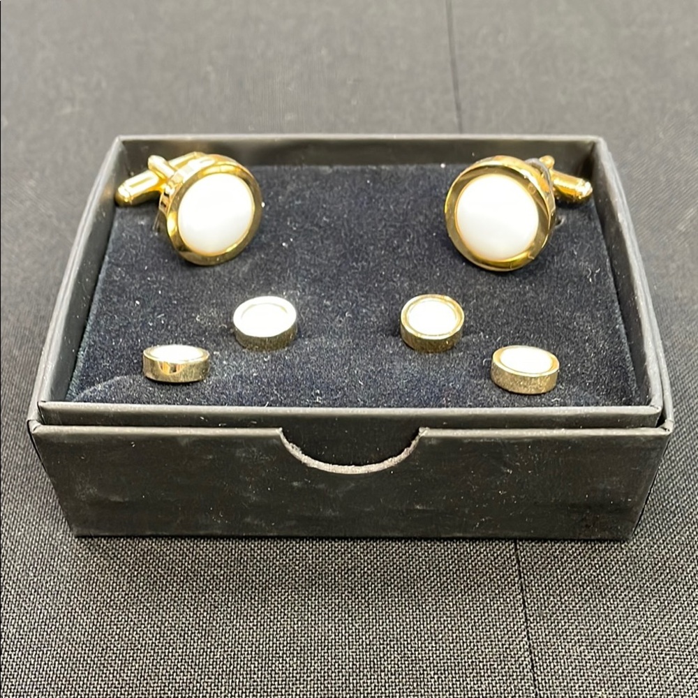 White and Gold Round Tuxedo Studs and Cufflinks New